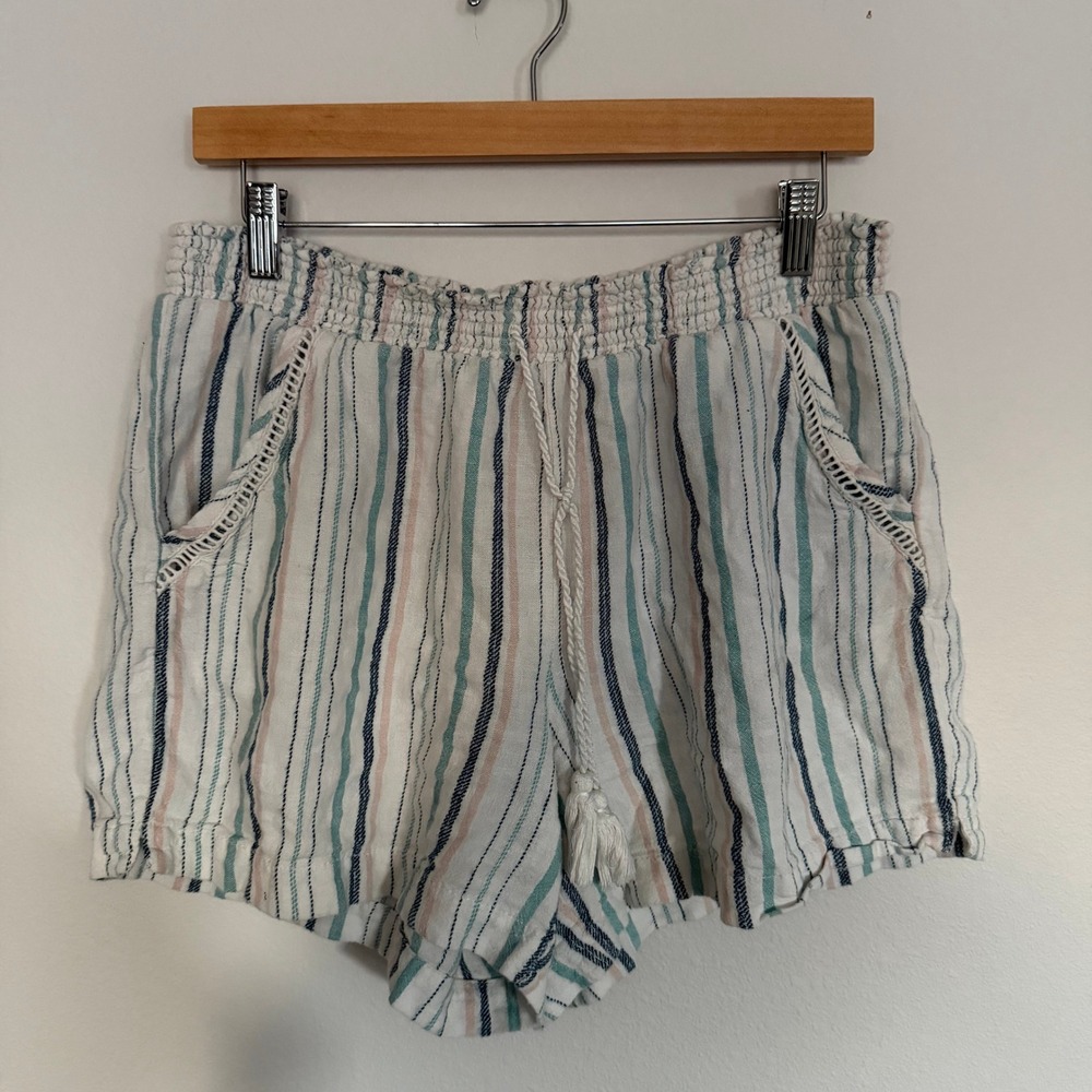 Briggs‎ Womens Medium Striped Smocked Waist Linen Blend Shorts Teal Pink White